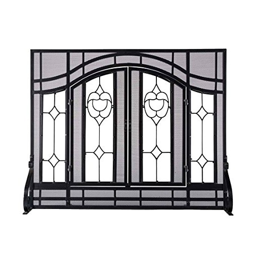 Small Beveled Glass Diamond Fireplace Screen With Alternating Panels And Small Powder-Coated Tubular Steel Frame 38 W x 31 H Black Finish - B005FNJ5K8